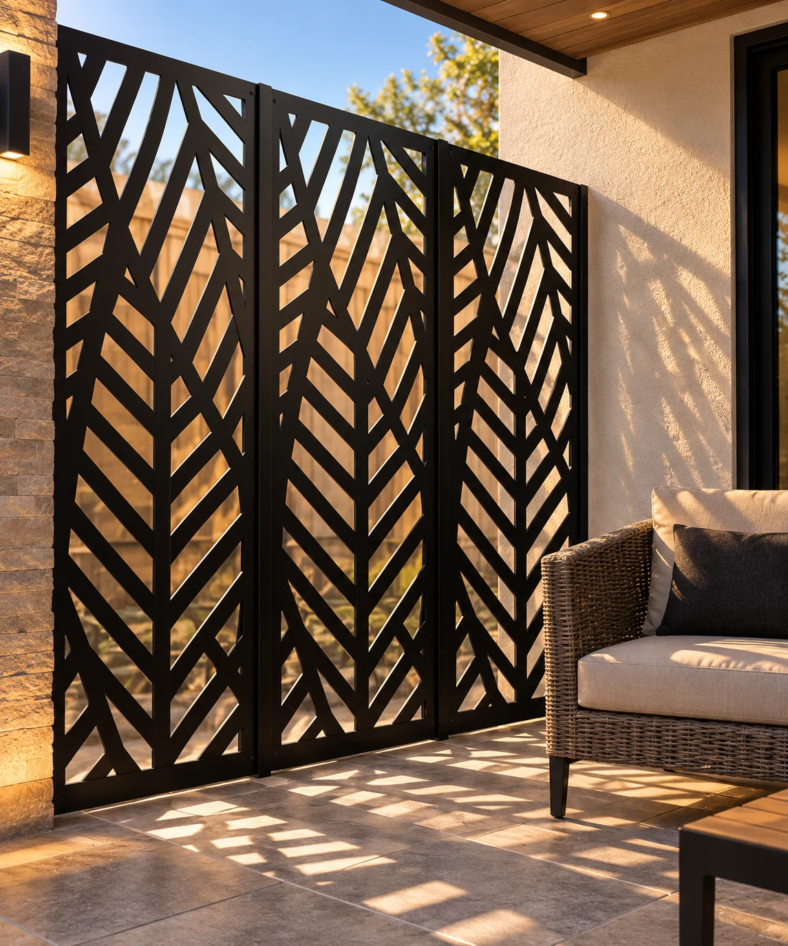 Architectural black decorative privacy panels in a residential patio