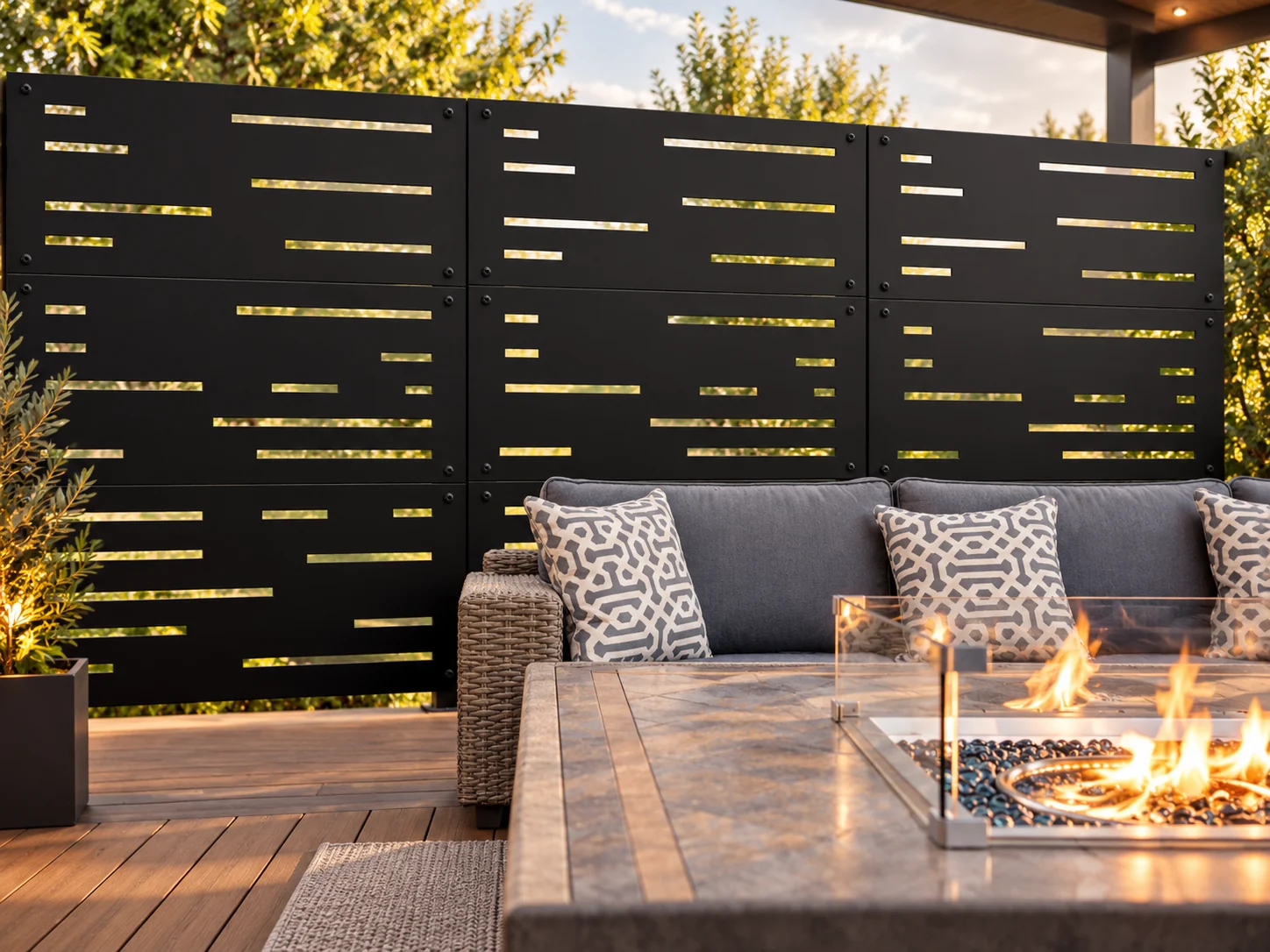 Modern black LatticeSmart fence panels integrated beside a contemporary home