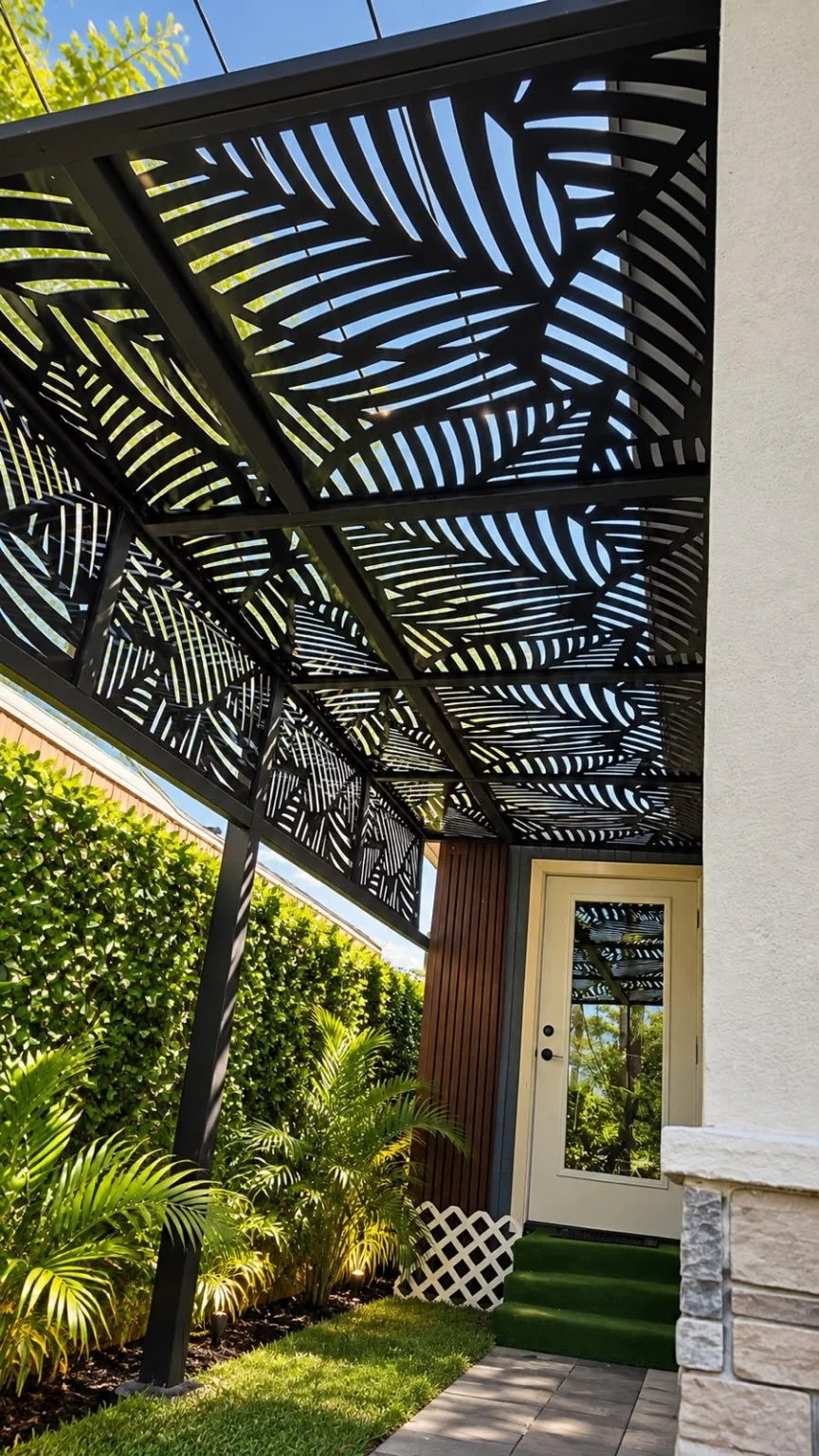 Black leaf-pattern decorative panels integrated into a pergola roof and side structure