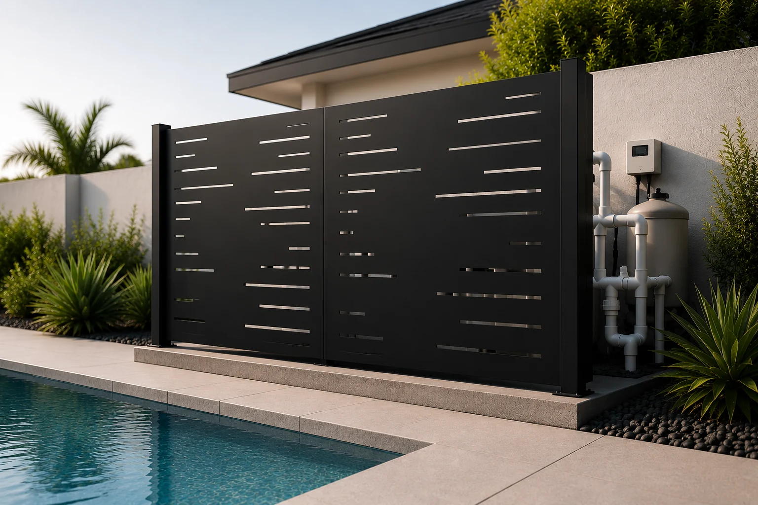 Modern black LatticeSmart panels screening pool equipment beside a pool