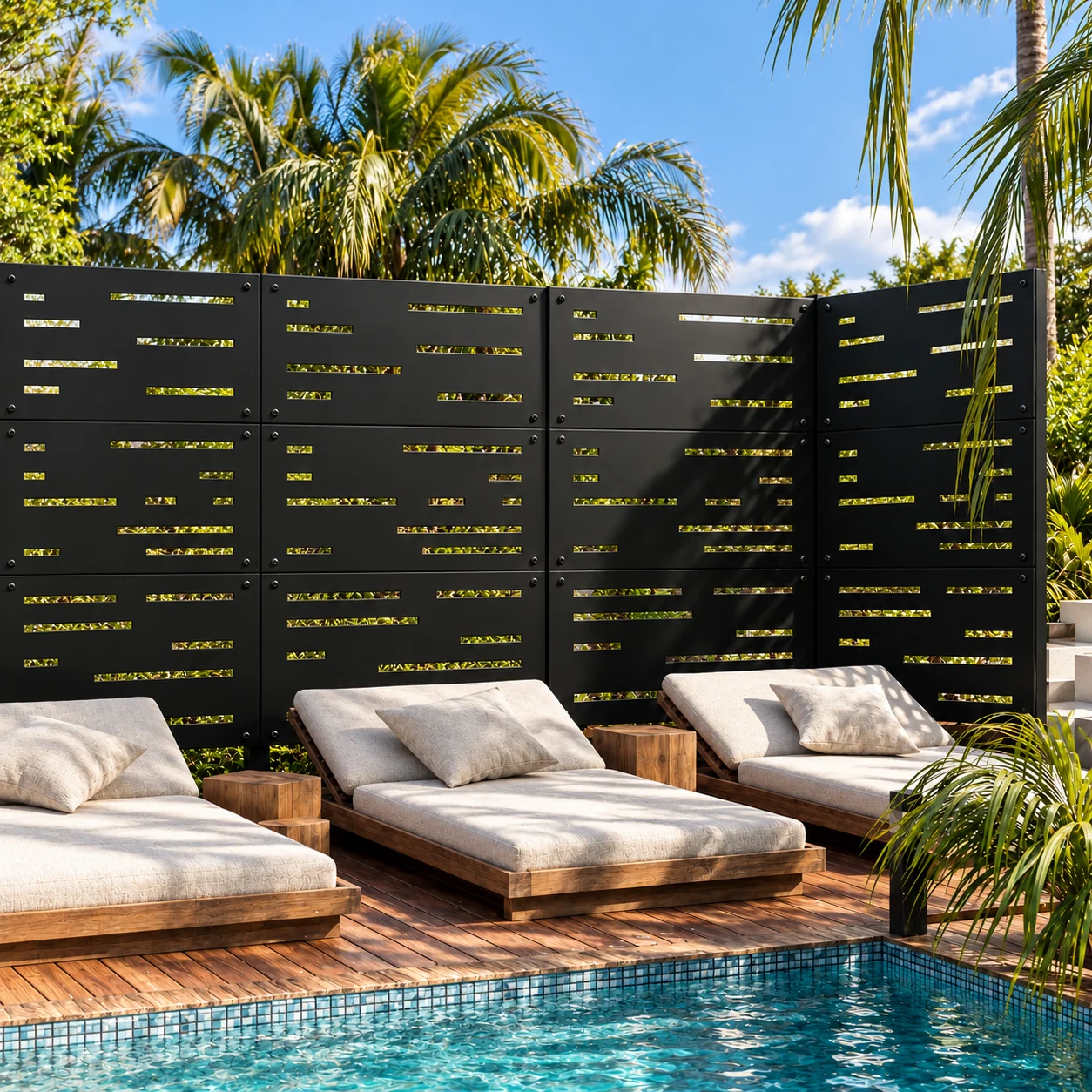 LatticeSmart black privacy panels surrounding lounge chairs beside a pool