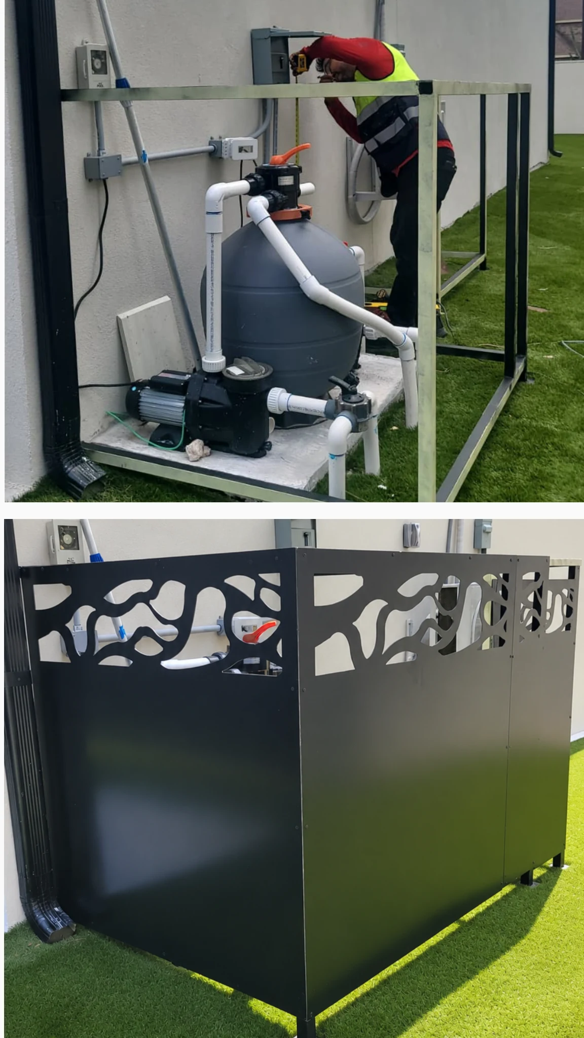 Before-and-after view of a pool pump and filter enclosed with black LatticeSmart decorative panels