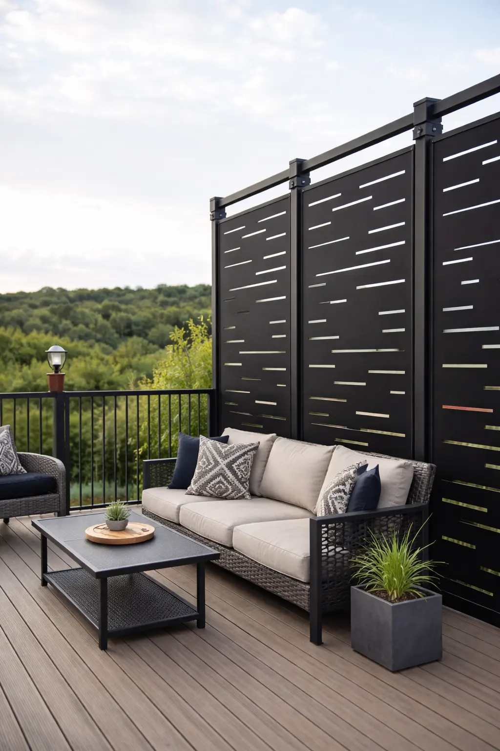 Outdoor patio with black aluminum privacy panels